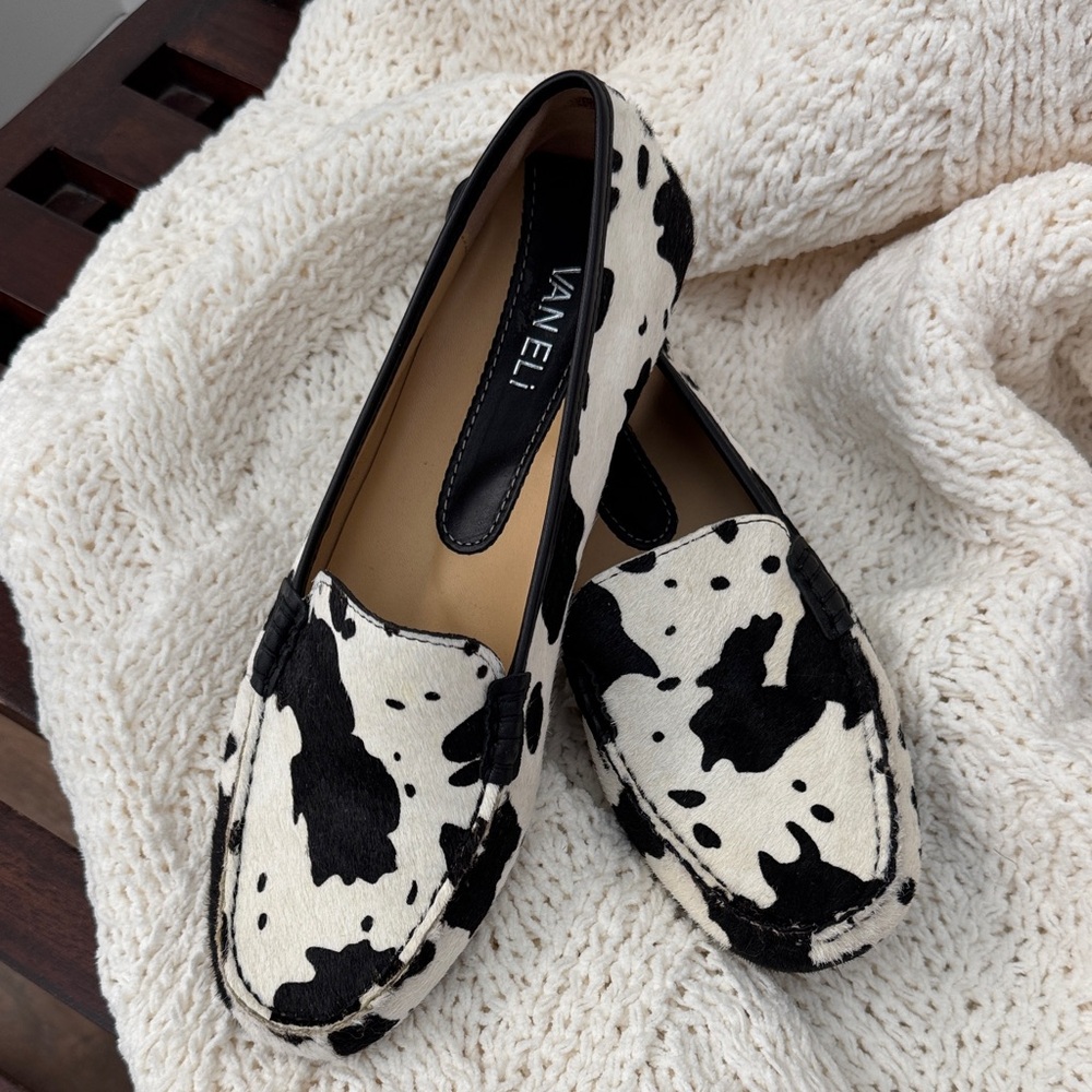 Vaneli Cow Print Flats in Black and White